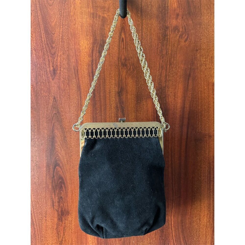 Vintage Triangle New York Black Suede Evening Clutch with Gold Chain Strap